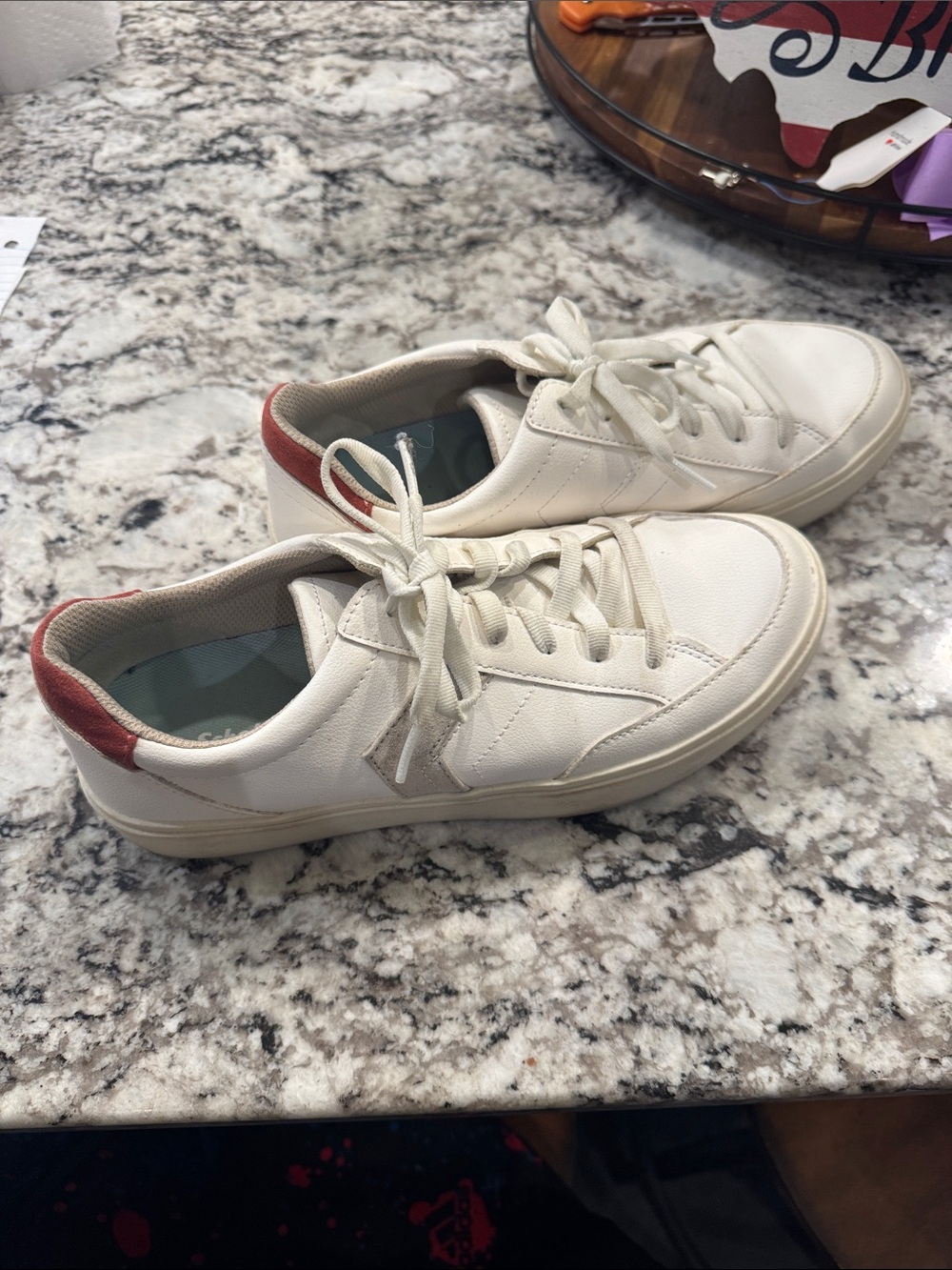 Dr. Scholl’s White Leather Low-Top Sneakers with Red Heel Tab